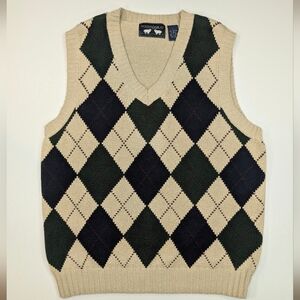 Woods & Gray cotton argyle golf sweater vest. Beige, Dark Green, Navy. Large.
